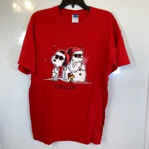 Peanuts Snoopy with Snowman Red Shirt Sz L Short Sleeve Holiday Joe Cool